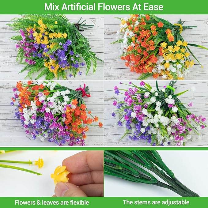 Ouddy Decor 24 Bundles Artificial Flowers for Outdoors UV Resistant Fake Plastic Plants Faux Boston Fern Greenery Stems for Spring Summer Indoor Garden Patio Window Box Kitchen Home Decor, Mixedcolor