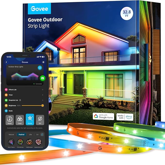 Govee Outdoor LED Strip Lights, 32.8ft Smart Outdoor Lights Work with Alexa and Google Assistant, App Control, IP65 Waterproof, RGBIC LED Lights for Patio, Eave, Holiday Decorations