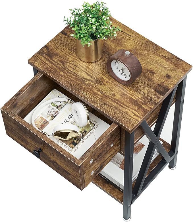 VECELO Nightstands Set of 2, Modern Bedside End Tables, Night Stands with Drawer and Storage Shelf for Living Room Bedroom, Industrial Metal Frame