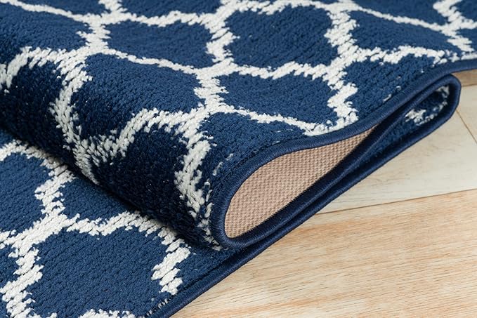 Custom Size Cut to Length Moroccan Trellis Design Runner Rug Mat For Wide Long Hallways with Non-Slip Rubber Backing, Better Traction for Pets, Prevent Slippage, Trellis Navy Blue, 31 inch X 17 feet