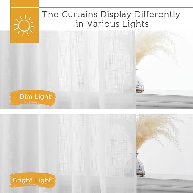 RYB HOME Extra Long Sheer Curtains Semi Transparent Drapes Boho Window Decor for Living Room Bedroom Front Door High Ceiling Window, White, W 70 x L 108, 1 Pair