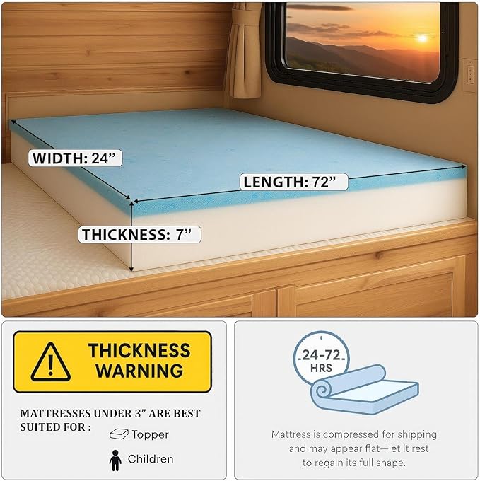 Foamma 7” x 24” x 72” Truck, Camper, RV Travel Visco Gel Memory Foam Bunk Mattress Replacement, Made in USA, Comfortable, Travel Trailer, CertiPUR-US Certified, Cover Not Included