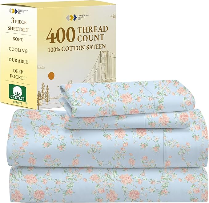 California Design Den Floral Deep Pocket Twin Sheets Set - 400 Thread Count Sateen, Natural 100% Cotton Sheets, Cooling and Durable Bedding Set - Antique Rose