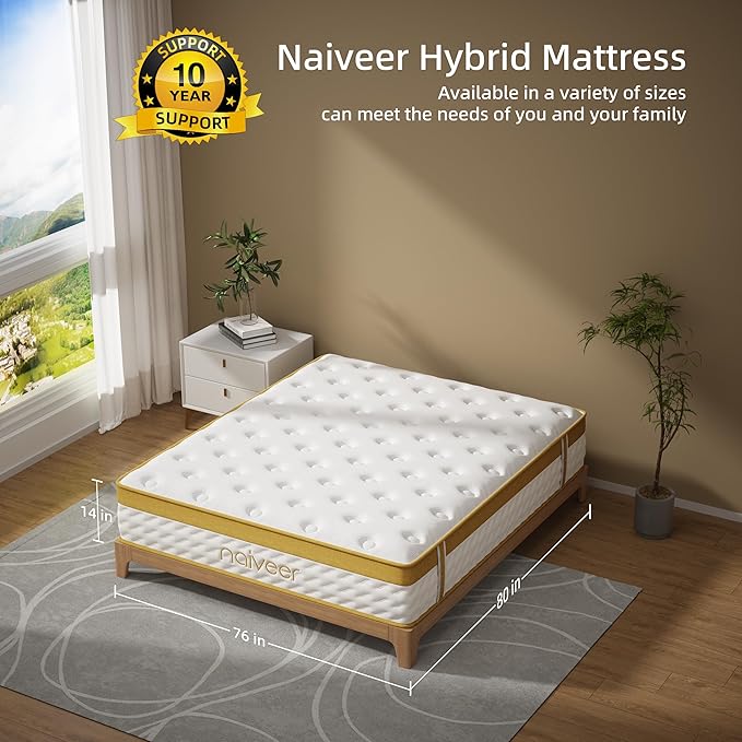 Cooling Gel King Size Mattress 14 Inch Memory Foam Hybrid for Back Pain & Pressure Relief, King Mattress in A Box with Pocket Springs, Medium Firm Feeling with CertiPUR-US Certified
