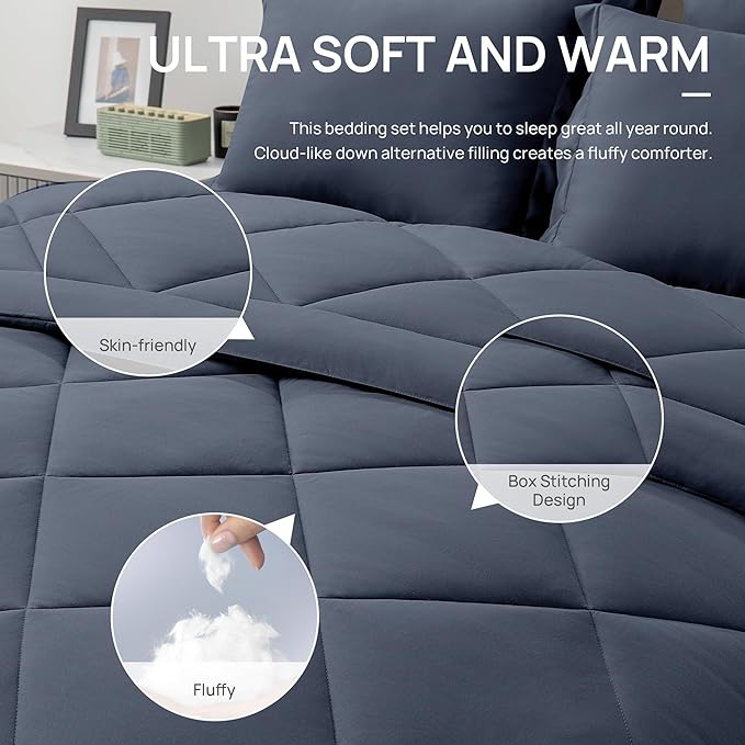 Love's cabin California King Comforter Set Navy Blue, 7 Pieces California King Bed in a Bag, All Season Bedding Sets with 1 Comforter, 1 Flat Sheet, 1 Fitted Sheet, 2 Pillowcase and 2 Pillow Sham