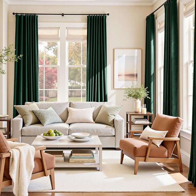 Lazzzy Velvet Blackout Curtains Thermal Insulated Room Window Drapes Super Soft Luxury Curtains for Living Room Bedroom Rod Pocket 2 Panels, Emerald Green, 52" W x 90" L