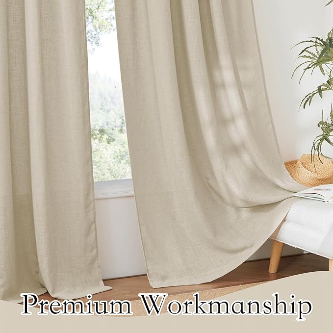 RYB HOME Flax Linen Blend Sheer Curtains for Living Room, Semi Sheer Curtains & Drapes Grommet Farmhouse Country Boho Style Window Curtains for Bedroom Sliding Glass Door, W52 x L108, 2 Pcs, Beige