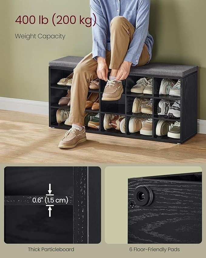 VASAGLE CUSTOS Collection - Shoe Bench, Storage Bench with Padded Seat, Entryway Bench with 15 Compartments, for Bedroom, 11.8 x 41.3 x 18.9 Inches, Ebony Black and Slate Gray ULHS015B02