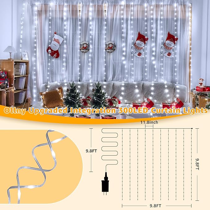 Ollny Curtain Lights 300LED 9.8ftx9.8ft, Connectable IP67 Waterproof Outdoor Curtain String Lights with Remote, Plug-in Untangle Fairy Lights with 8 Modes 3 Timers for Wall Backdrop Decor(Cool White)