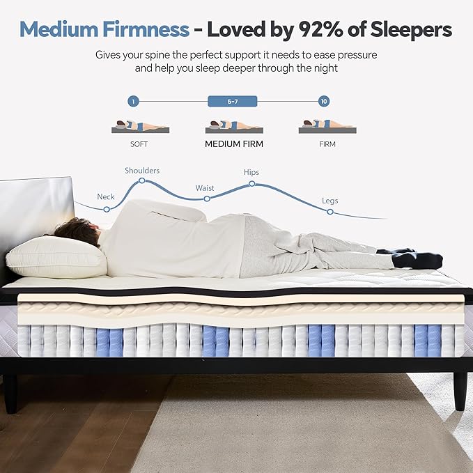 King Size Mattress in a Box, 10 Inch Hybrid Mattress with Individual Pocket Spring & Memory Foam, Soft, Motion Isolation, Medium Firm Comfort for Pressure Relief, CertiPUR-US Certified
