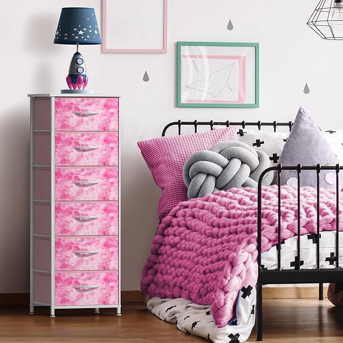 Sorbus Fabric Dresser for Kids Bedroom - Chest of 6 Drawers, Tall Storage Tower, Clothing Organizer, for Closet, for Playroom, for Nursery, Steel Frame, Fabric Bins - Wood Handle (Tie Dye Pink)