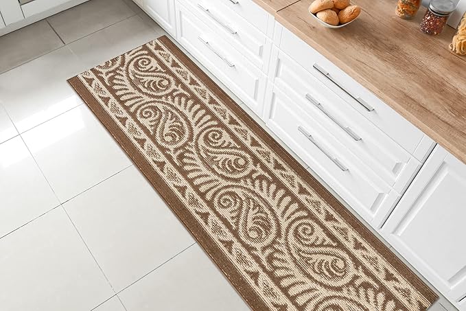Custom Length Cut to Size Tribal Ethnic Southwestern Inspired Hallway Runner Rug, Non Slip Rubber Backed, 31 inch Wide X Customized Length, Mayan Brown, 31 inch X 25 feet
