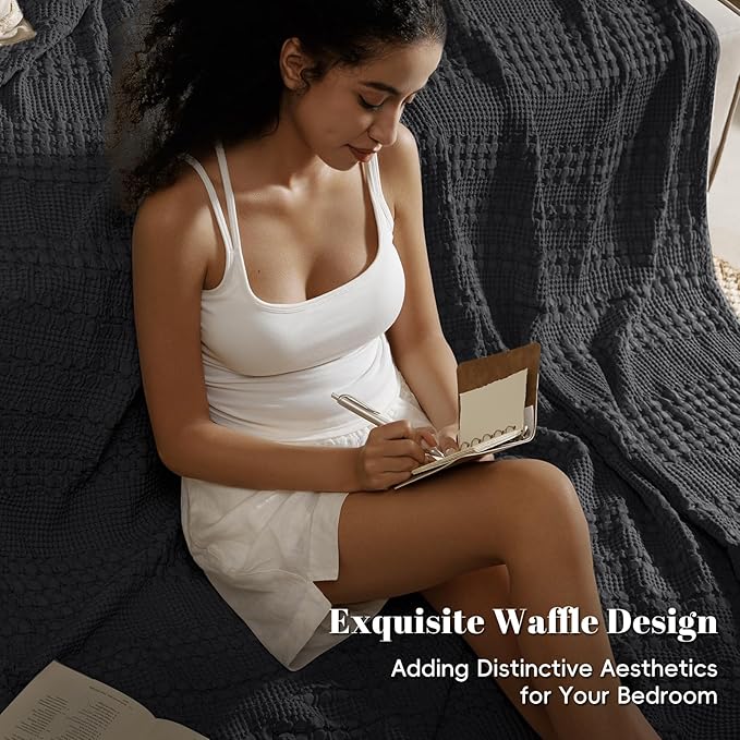 PHF 100% Cotton Waffle Weave Blanket Twin Size for Bed, Soft Lightweight & Breathable, All-Season Comfort, Luxury Aesthetic Woven Bedding for Home Decor, 66"x90", Black