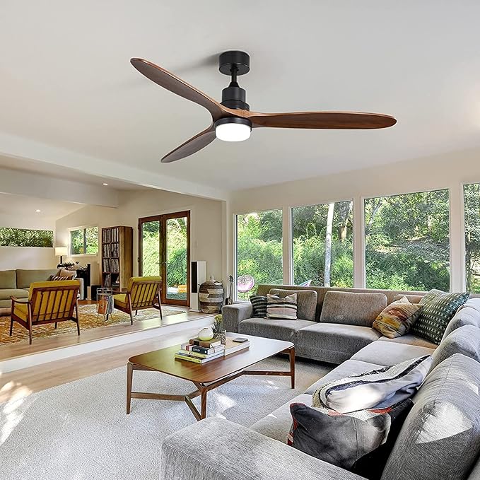 Sofucor Ceiling Fan with Lights, 60 Inch Low Profile Flush Mount Mordern Wood Ceiling Fan with Remote for Indoor Farmhouse Bedroom Living Room Outdoor Patio Porch, Reversible DC Motor, Noiseless