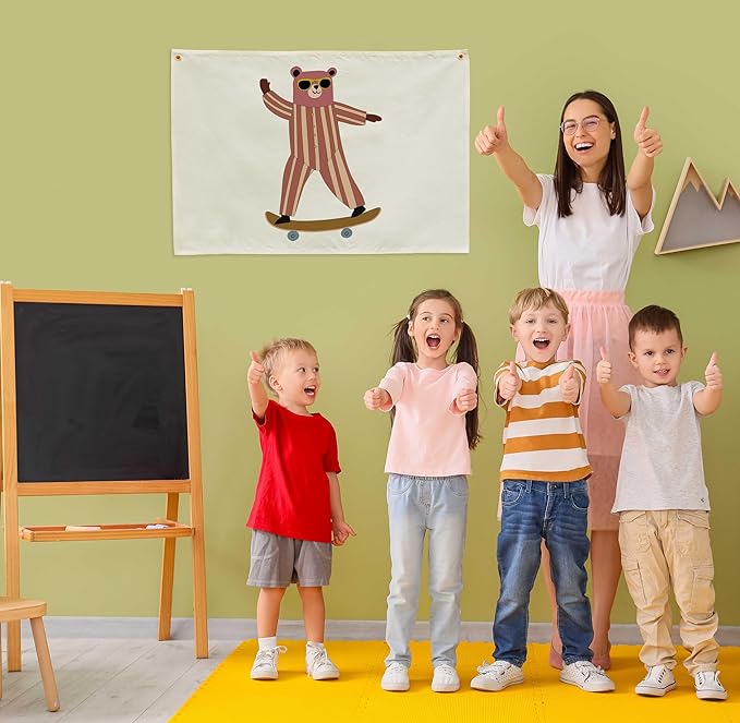 Skateboarding Bear Nursery Rectangular Canvas Banner-Flag Wall Sign Decor for Baby Boys Kids, Baby Room Above Crib Bedroom Playroom Reading Room Decor-Baby Shower Birthday Christmas Gift