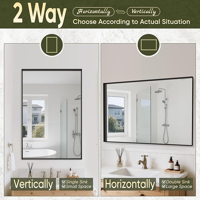 Suidia Bathroom Mirror, 55" x 36" Wall Mirror Metal Framed, Bathroom Vanity Mirror for Living Room Bedroom Bathroom Entryway, Black, Rect Corner Style