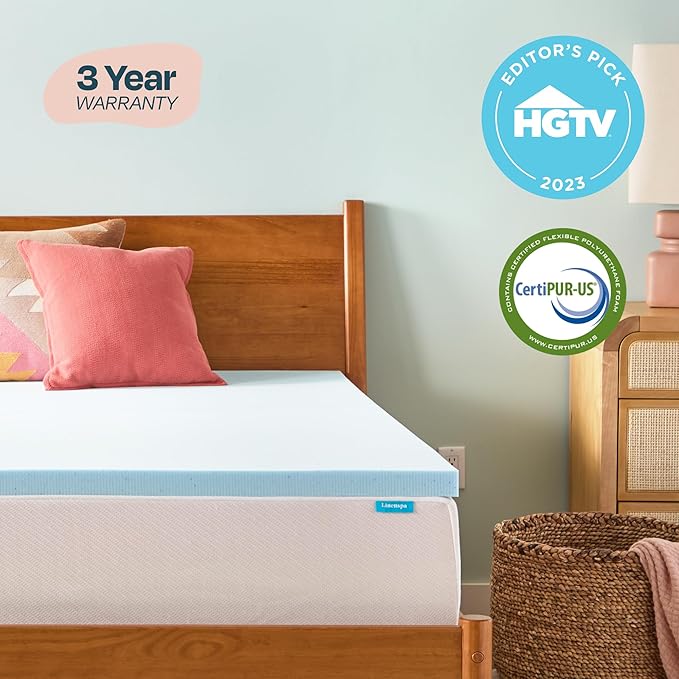LINENSPA Memory Foam Mattress Topper - 2 Inch Gel Infused Memory Foam - Plush Feel - Cooling and Pressure Relieving - CertiPUR Certified - Dorm Room Essentials - Queen Size