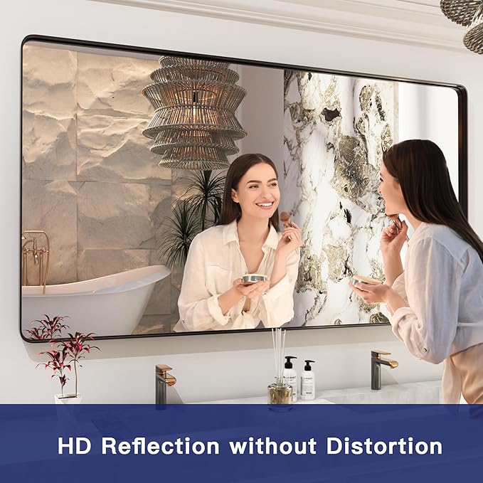 ISKM Large Black Framed Mirror for Bathroom 72" x 36" Wall Mounted Mirror Black Metal Framed Bathroom Mirror for Wall Round Corner (Horizontal/Vertical)