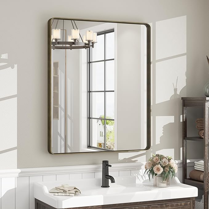 28x32 Bronze Bathroom Mirror, Brushed Metal Bathroom Vanity Mirrors for Wall, Rounded Corner Bronze Rectangle Mirror for Farmhouse, Bedroom, Anti-Rust (Horizontal/Vertical)
