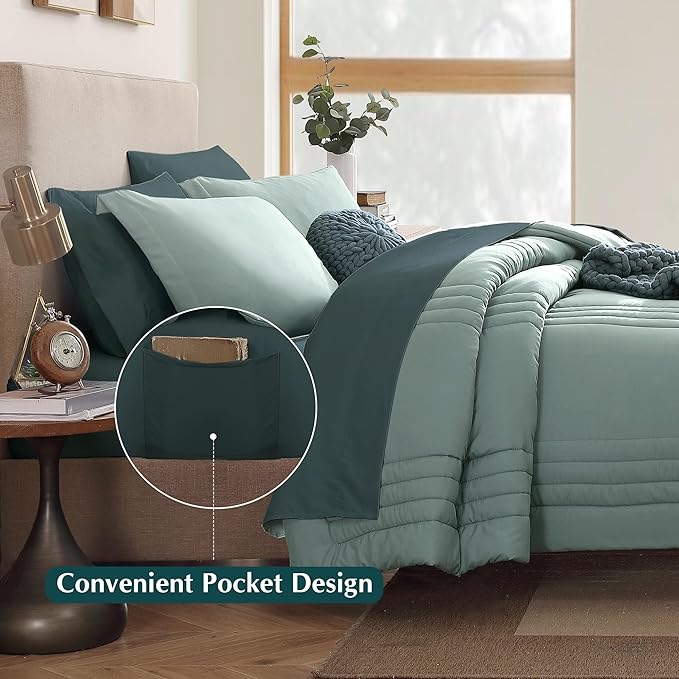 Monbix King Size Comforter Set - 7 Pieces Bed in a Bag King, Sage Green Bedding Sets with Comforter, All Seasons Comforter Bed Set with Sheets, Pillowcases & Shams