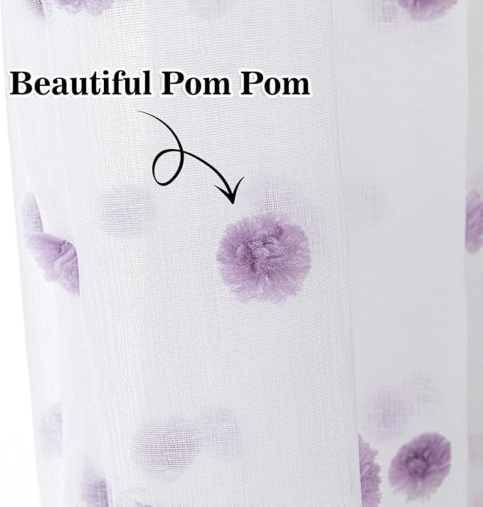 MYSKY HOME 72 Inch Long Purple Pom Pom White Sheer Curtains for Bedroom Nursery Curtains for Baby Room Door Curtains for Doorway 2 Panels Light Filtering Rod Pocket Semi Window Drapes 52 x 72 inch