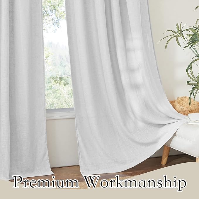 RYB HOME Sheer Curtains for Patio - Linen Bedroom Privacy Drapes Large Window Decor for Living Room Dining Guest Room, Dove Grey, Width 100 x Length 95 inch, Set of 1