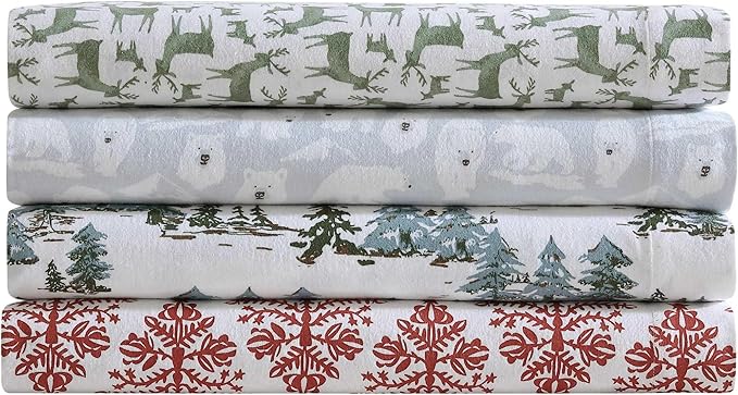 Eddie Bauer - King Sheets, Cotton Flannel Bedding Set, Brushed for Extra Softness, Cozy Home Decor, Oeko-Tex Certified (Jolly Trees Red, King)
