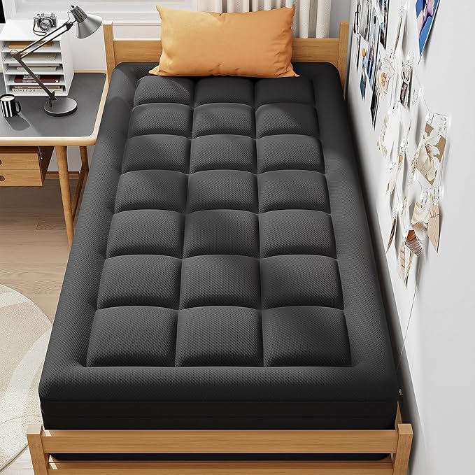 ELEMUSE 3 Inch Dual Layer Memory Foam Mattress Topper Twin XL, Dorm Room 2 Inch Cooling Gel Memory Foam Plus 1 Inch Down Alternative Pillowtop Mattress Pad,College Essential, Comfort Support, Black