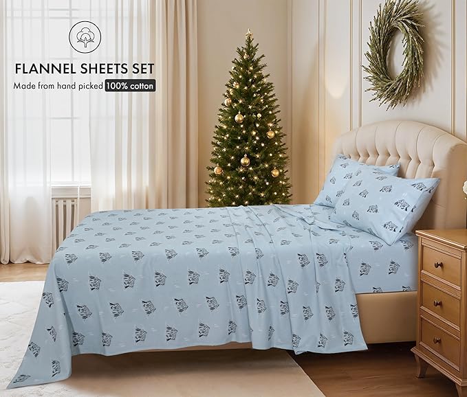 RUVANTI Flannel Sheets King Size - 100% Cotton Brushed King Bed Sheets Set - Deep Pockets 16 Inches - All Seasons Breathable & Extra Soft - Warm & Cozy, 4 Piece, Soul Dog