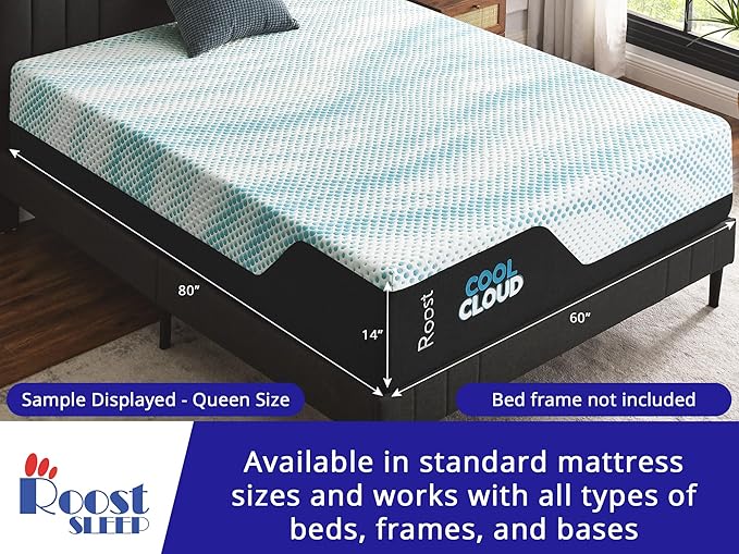 ROOST SLEEP Memory Foam Mattress, 14-Inch California King – Cool Cloud Gel Foam Bed with Soft Support and Cooling Relief – Spacious Pressure-Relieving Mattress