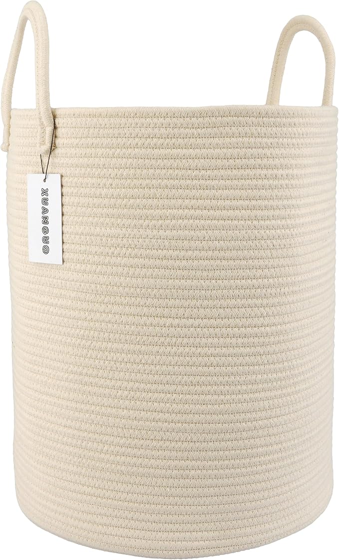 Cotton Rope Laundry Basket Hamper for Clothes Woven Storage Basket for Living Room Bedroom Boho Tall Rope Baskets for Blanket Toys Pillow Towels Baby Nursery Hamper Bin beige