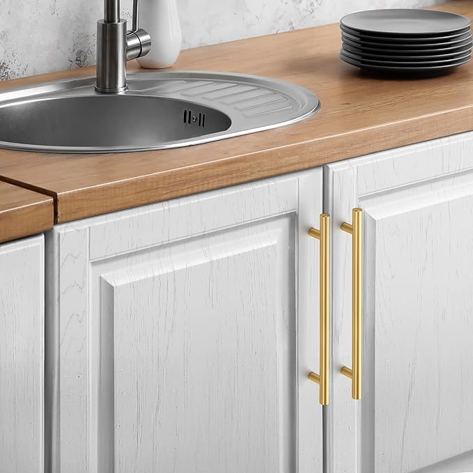 JOY DECOR 5 Pack Cabinet Handles, Gold Cabinet Pulls, 7-1/2 in Hole Center Kitchen Cabinet Handles, Stainless Steel T Bar Handles for Dresser Drawers