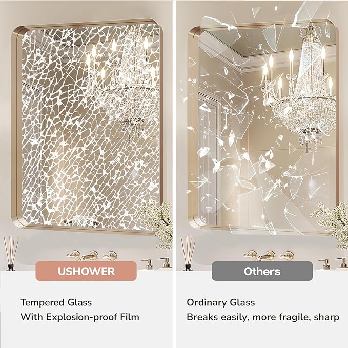 USHOWER Gold Bathroom Mirror 24"x36", Brushed Gold Rounded Rectangle Mirror for Over Sink, Aluminum Frame, Anti-Rust, Tempered Glass, Horizontal or Vertical Mounted