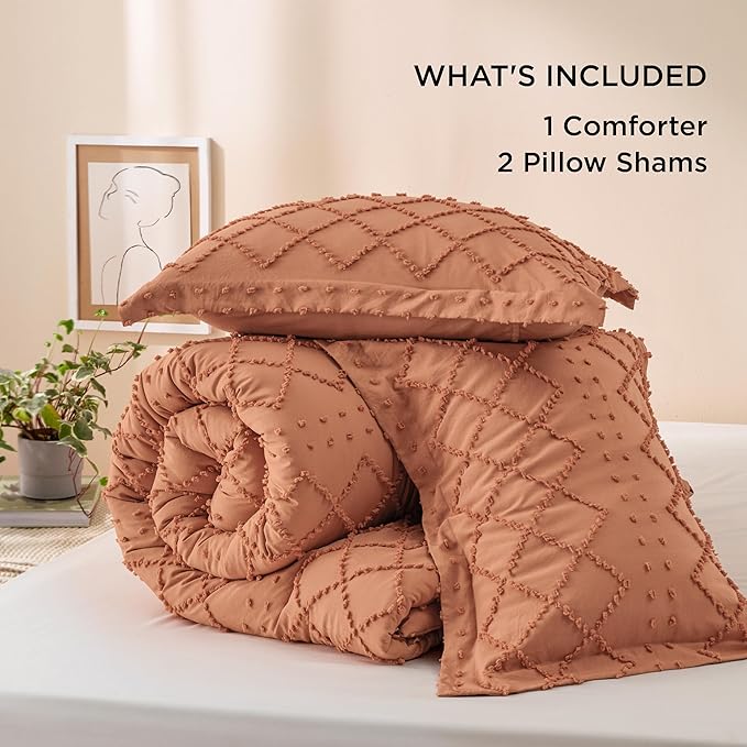 Bedsure Queen Comforter Set - Pumpkin Comforter, Boho Tufted Shabby Chic Bedding for Kids, 3 Pieces Vintage Farmhouse Bed Set for All Seasons, Fluffy Soft Bedding with 2 Pillow Shams