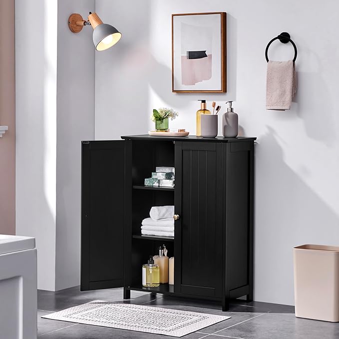 Yaheetech Bathroom Floor Cabinet, Modern Storage Freestanding Organizer Cabinet with Adjustable Shelves & Double Doors, 3-Tier Home Living Room Furniture, Black