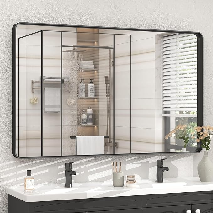 48x30 Inch Black Framed Mirror for Wall, Matte Black Bathroom Rectangle Mirror, Rounded Corner, Anti-Rust, Shatterproof (Horizontal/Vertical)