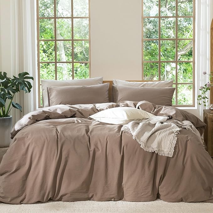 MooMee Bedding Duvet Cover Set 100% Washed Cotton Linen Like Textured Breathable Durable Soft Comfy (Solid Brown, Alaska King 132"x120")