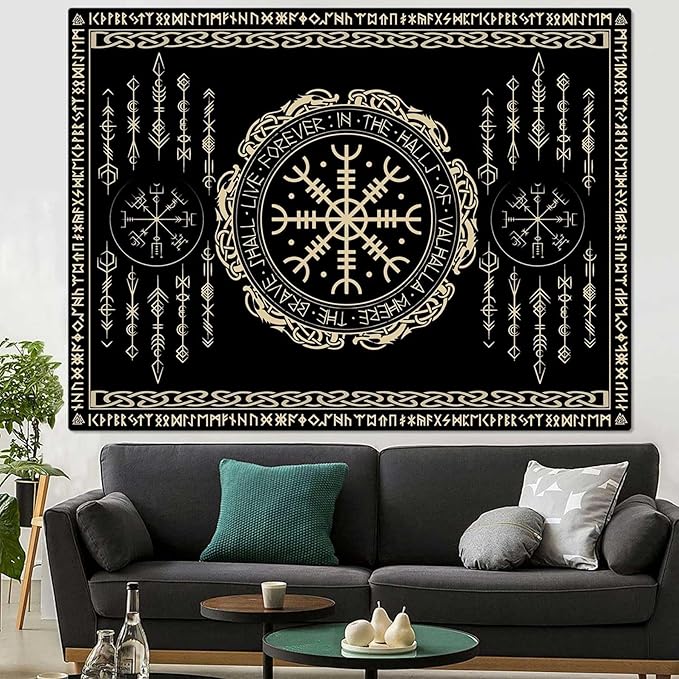 OSUNBD Nordic Vikings Tapestry Large 84x90inches Soft Flannel Vegvsir Symbol Amulet Celtic Rune Scandinavian Aesthetic Mythology Tapestry Wall Hanging for Bedroom Living Room Decor