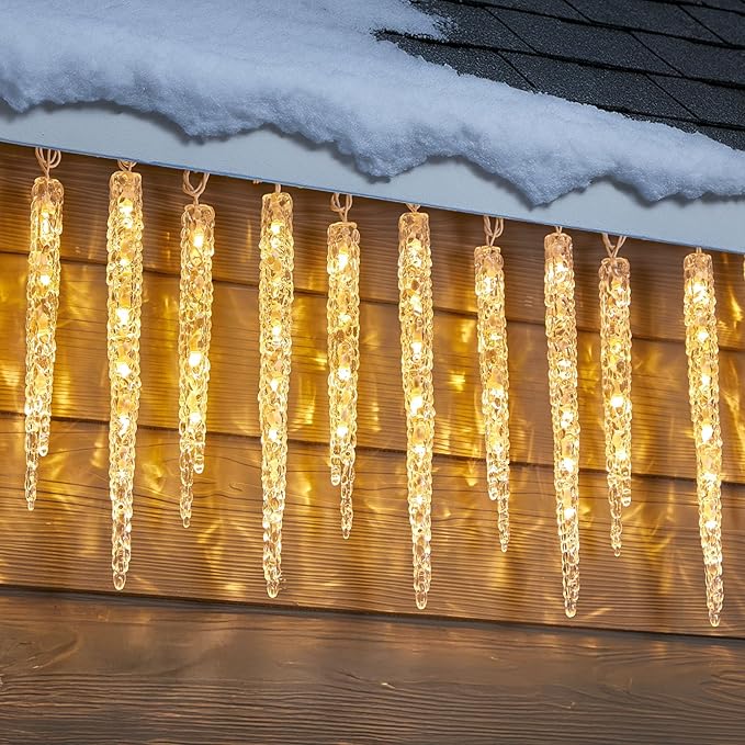 Minetom Icicle Lights Outdoor with Clips, 2 Pack Total 40ft 200 LED 40 Tubes Twinkling Ice Shape String Lights, Connectable Hanging Christmas Lights Plug in for Eave Holiday Outdoor, Warm White