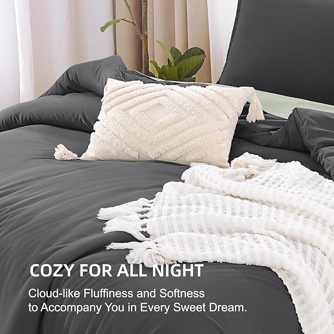 Litanika Dark Grey Oversized King Comforters Super King Plus Size, 3 Pieces Lightweight Solid Bedding Comforter Set, All Season Fluffy Bed Set (128x120In Comforter & 2 Pillowcases)
