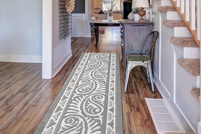 Custom Length Cut to Size Tribal Ethnic Southwestern Inspired Hallway Runner Rug, Non Slip Rubber Backed, 31 inch Wide X Customized Length, Mayan Grey, 31 inch X 18 feet
