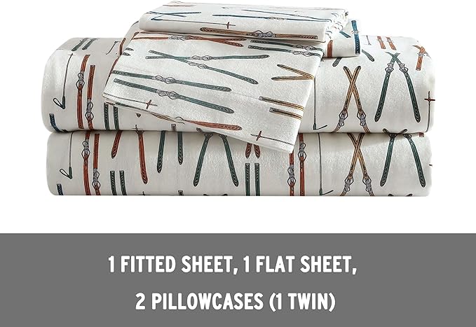 Eddie Bauer - Full Sheets, Cotton Flannel Bedding Set, Brushed For Extra Softness, Cozy Home Decor (Ski Line White, Full)