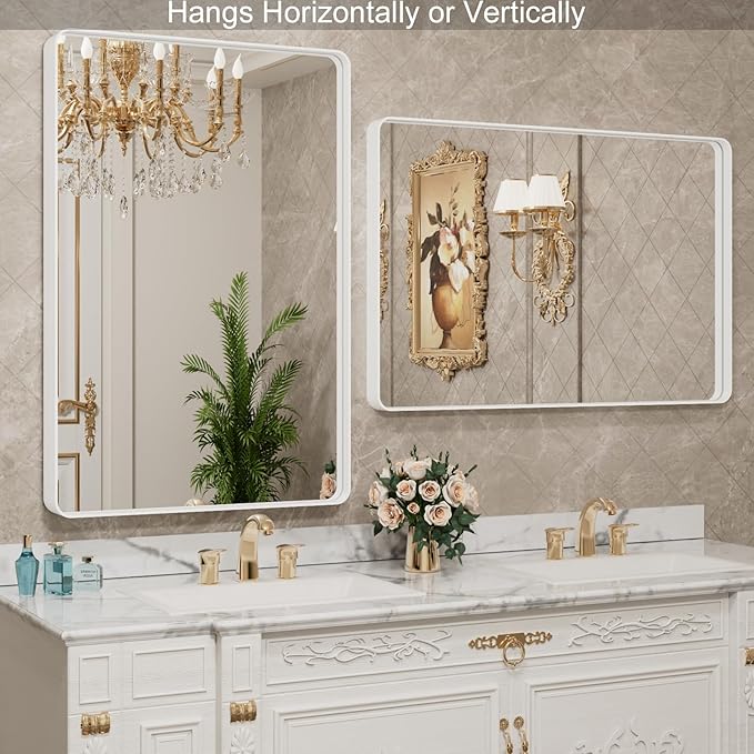 LOAAO 30x36 Inch White Metal Framed Bathroom Mirror for Wall, White Bathroom Vanity Mirror Farmhouse, Large Rounded Rectangle Mirror, Anti-Rust, Tempered Glass, Hangs Horizontally or Vertically