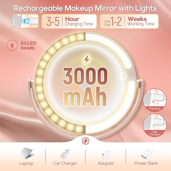 B Beauty Planet Makeup Mirror with Lights, Lighted Magnifying Mirror 30X with 3 Lighting and Adjustable Brightness, 2-Sided Height Adjustable Vanity Mirror for Bathroom, Gifts for Women Pink