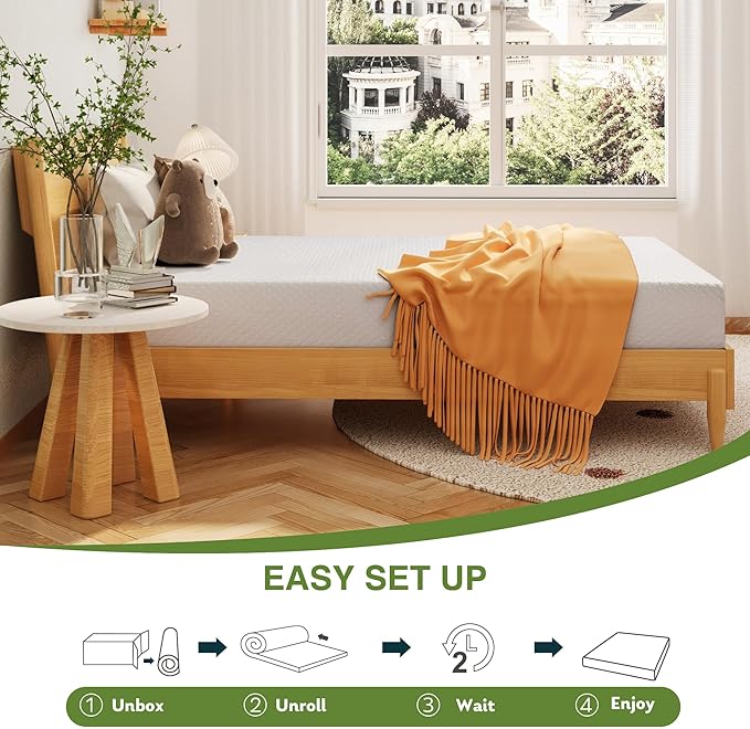 EGOHOME 5 Inch Twin Mattress for Kids, Memory Foam Mattress with Cooling Green Tea Gel, Relieve Pressure with Medium Firm Support, CertiPUR-US Certified, 75''L x 38''W, White