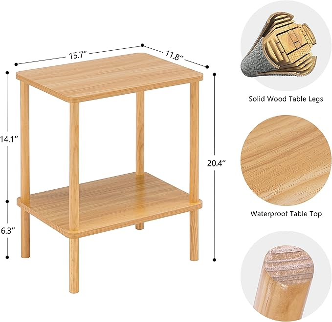 Apicizon 2 Tier End Table, Small Side Table with Solid Wood Legs, Boho Bedside Table with Storage Shelf, Nightstand for Small Spaces, Bedroom, Living Room, Entryway, Farmhouse, Easy Assembly, Natural