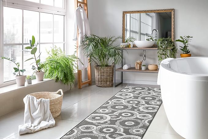 Custom Length Cut to Size Retro Modern Geometric Carpet Runner Rug for Hallways, Non Slip Rubber Backed, 31 inch Wide X Customized Length, Geo Grey, 31 inch X 4 feet, Doormat Size