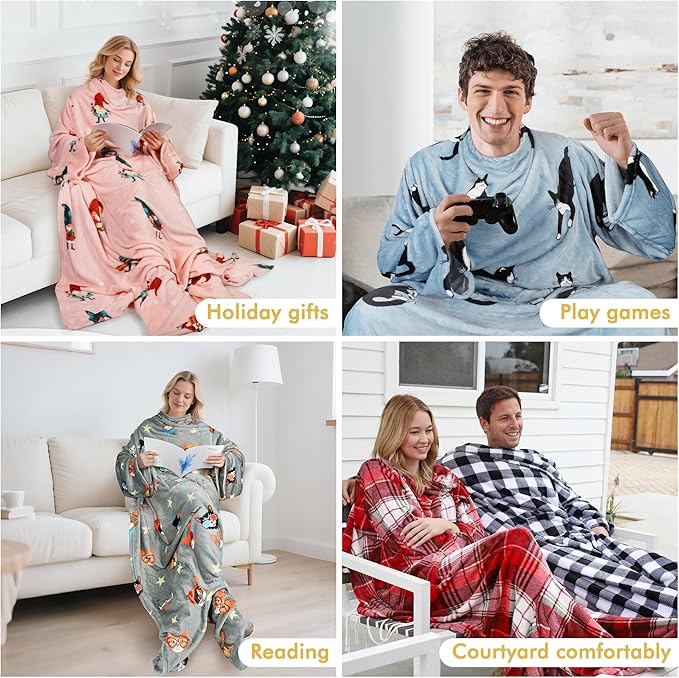 Catalonia Wearable Fleece Blanket with Sleeves and Foot Pockets for Adult Women Men, Micro Plush Comfy Wrap Sleeved Throw Blanket Robe Large, Purple