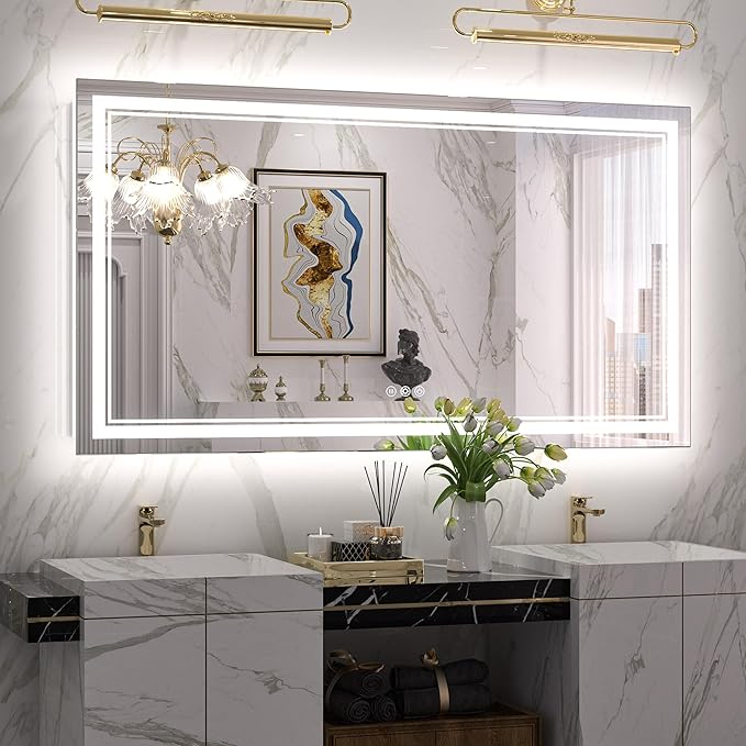 Keonjinn LED Bathroom Mirror with lights, 55" x 30" with Frontlit and Backlit, Stepless 3 Colors Temperature & Dimmable Large Tempered Glass Mirror, UL Listed LED Driver Double LED Strip Vanity Mirror