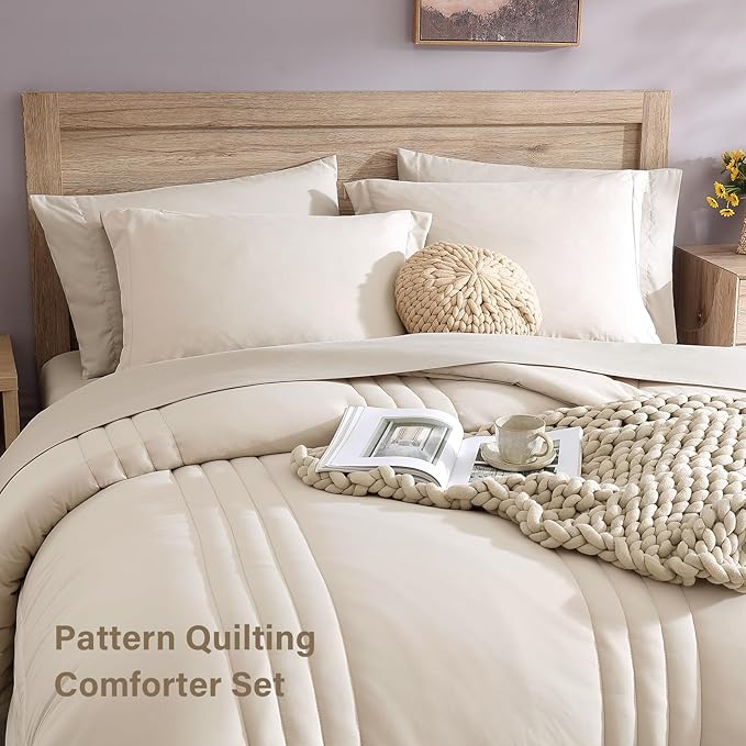 Monbix King Size Comforter Set - 7 Pieces Bed in a Bag King, Apricot Beige Bedding Sets with Comforter, All Seasons Comforter Bed Set with Sheets, Pillowcases & Shams